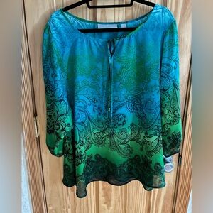 Avenue Studio Women Sheer Tunic Top Green Paisley 3/4 Sleeve Keyhole Neck 14/16